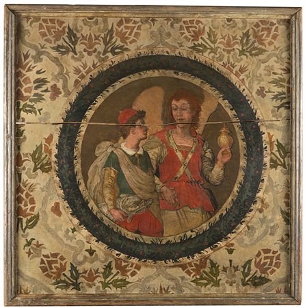 Ignoto "Tobiolo e l'Angelo", olio su tavola (cm 67x67,5) su sfondo simulante...