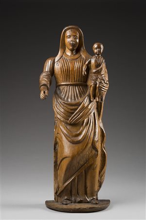 Antica scultura lignea raffigurante Madonna con Bambino (h. cm 93) (difetti e...