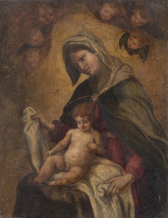 Maestro del secolo XVII "Madonna con bambino ed angeli" olio su tela (cm...