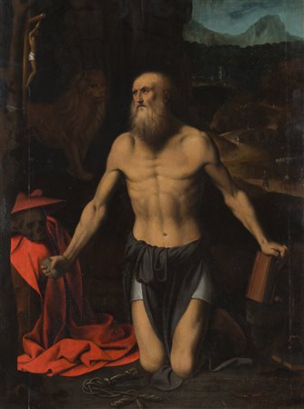 Scuola della fine del secolo XVIII "San Girolamo penitente" olio su tavola...