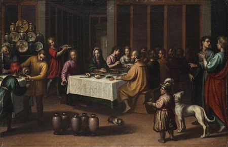 Scuola veneta del secolo XVII "Nozze di Cana" olio su tela (cm 65x101) In...