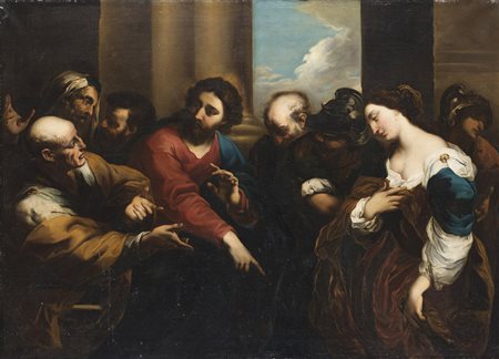 Cerchia di Valerio Castello, secolo XVIII "Cristo e l'adultera" olio su tela...