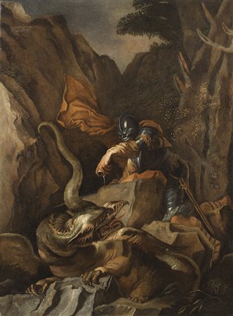 Cerchia di Salvator Rosa "Giasone e il drago" olio su tela (cm 97x72) In...