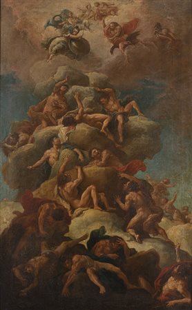 Scuola veneta del secolo XVIII "La cacciata dei titani dal monte Othrys" olio...