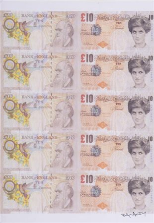 Banksy 1974 Di-Faced Tenners , Stampa off set, cm. 42x30., Firma in lastra in...