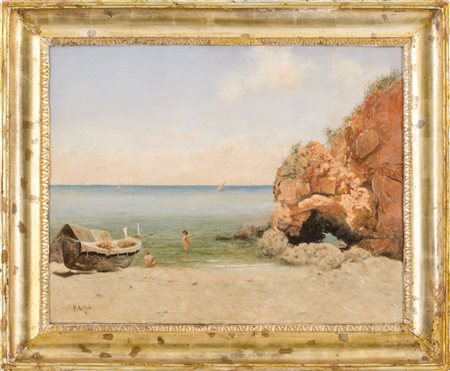 K. RETTICH (1841 - 1904) OLIO su tela applicato su tavola "paesaggio marino",...