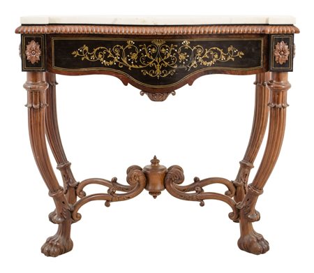 BELLA CONSOLE Isabellina in mogano e palissandro con tarsie in rame e...