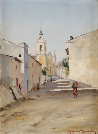 RAIMONDO MIRABELLA (Palermo 1914 - 1979) OLIO su tela "scorcio di paese con...