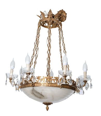 LAMPADARIO stile Impero a sette fiamme in bronzo dorato con coppa in...