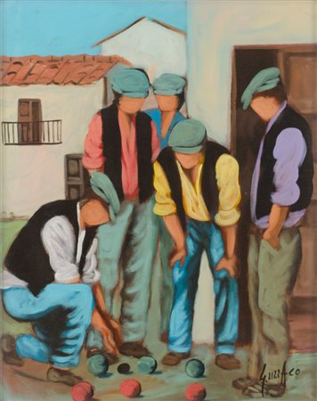 GIUSEPPE UZZACO (1932) OLIO su tela "partita a bocce". Misure: cm 50 x 40