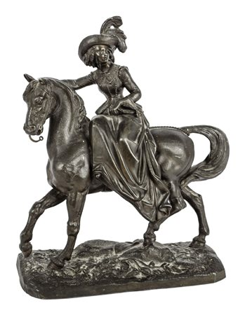 SCULTURA in antimonio "gentildonna con cavallo". XX secolo Misure: cm 24 x...