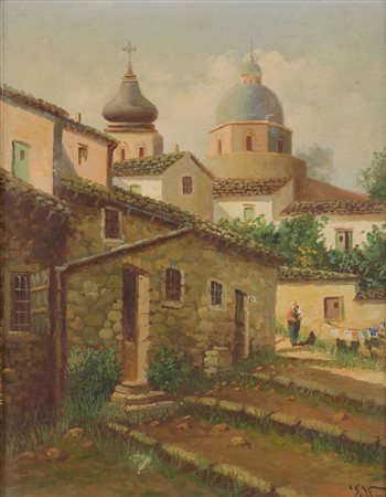 E. VITRANO OLIO su tela "scorcio di Erice". XX secolo Misure: cm 50 x 40