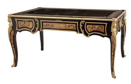 SCRIVANIA stile Boulle in legno ebanizzato con tarsie in tartaruga e rame con...