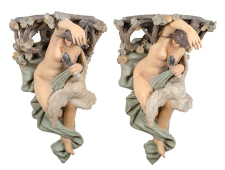 COPPIA MENSOLE in terracotta dipinta raffiguranti "nudi femminili con cigni"....