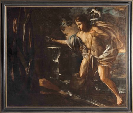 Anonimo del XVII secolo San Giovanni Battista alla fonte Olio su tela. Misure...