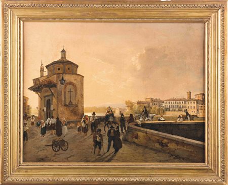 Anonimo del XIX secolo Veduta dell’Arno con Il ponte alla Carraia Olio su...