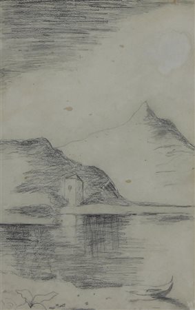 Carlo Carrà, Paesaggio di lago, 1944, matita su carta, cm. 35x22, firmata in...