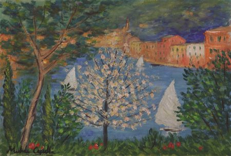 Michele Cascella, Portofino, olio su tela, cm. 20x30, firmato in basso a...