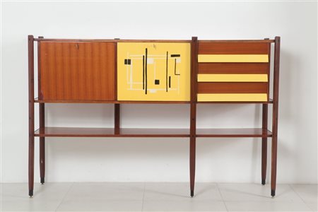 UNA CREDENZA, anni '60. Ferro verniciato, legno di teak, legno impiallacciato...