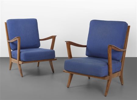 GIO PONTI Due poltrone "516" per CASSINA, anni '50. Legno di noce, cuscini...