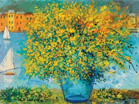 Michele Cascella Ortona (Ch) 1892 - 1989 Vaso di mimose Olio su cartone...