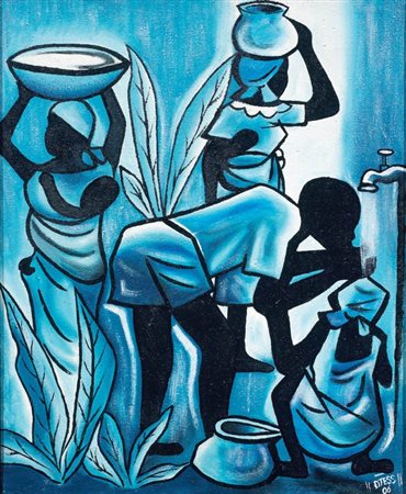 Djess Brazzaville 1970 La fontaine, 2006 Olio su tela, cm. 63,5x52 Firma e...