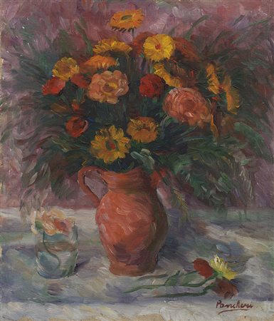 Gino Pancheri (Trento 1905 - 1943) "Vaso con fiori" olio su tela (cm 60x50)...