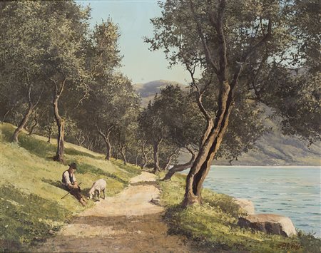 Pietro Leidi (Brescia 1892 - 1976) "A Sensole (Lago d'Iseo)" olio su tela (...
