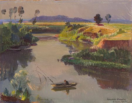 Amedeo Bocchi (Parma 1883 - Roma 1976) "Paesaggio con fiume e pescatore" Roma...