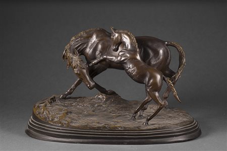 Scuola francese "Cavalli" scultura in bronzo (cm 40x28) Reca firma...