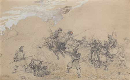 Gerolamo Induno (Milano 1825 - 1890) "Crimea - Battaglia" tecnica mista su...