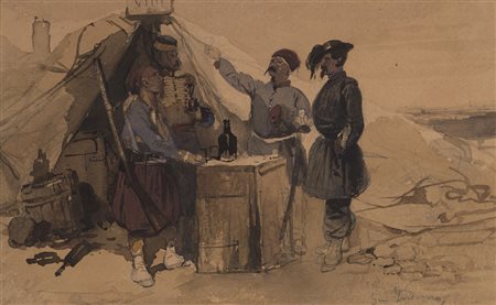 Gerolamo Induno (Milano 1825 - 1890) "Soldati davanti alla tenda" tecnica...