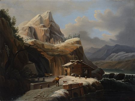 Giovanni Migliara (Alessandria 1785 - Milano 1837) "Scorcio di montagna sotto...