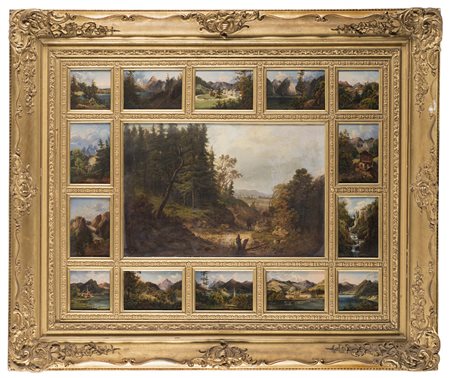 Scuola austriaca del XIX Secolo "Paesaggi" composizione di quindici dipinti...