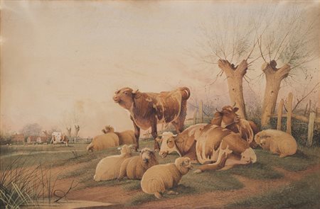 Thomas Sidney Cooper ( 1803 - 1902) "Armenti al pascolo" 1895 acquerello (cm...