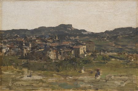 Bartolomeo Bezzi (Fucine D'Ossana 1851 - Cles 1923) "Paesaggio con paese...