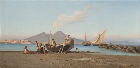 Alessandro La Volpe (Lucerna 1820 - Roma 1887) "Pescatori con veduta del...
