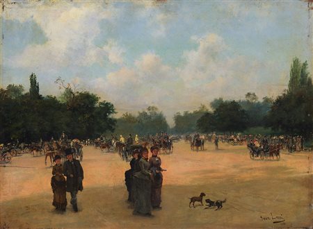 Giovanni Lessi (Firenze 1851 - 1922) "Carrozze nel parco" 1884 olio su tavola...
