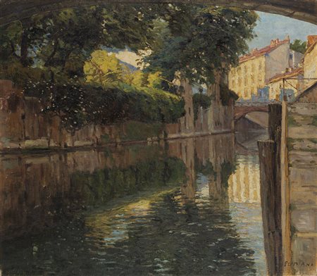 Ugo Flumiani (Trieste 1876 - 1938) "Scorcio con canale" olio su tela (65x75)...