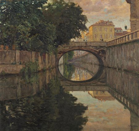 Ugo Flumiani (Trieste 1876 - 1938) "Scorcio con canale" olio su tela (70x75)...