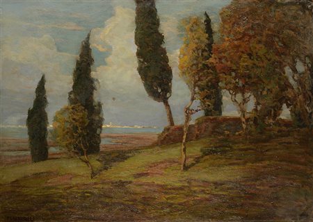 Francesco Sartorelli (Cornuda 1856 - Udine 1939) "Paesaggio con città sollo...