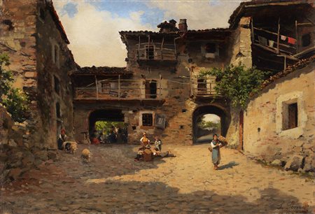 Silvio Poma (Trescore Balneario 1840 - Turate 1932) "Scena di vita rurale"...