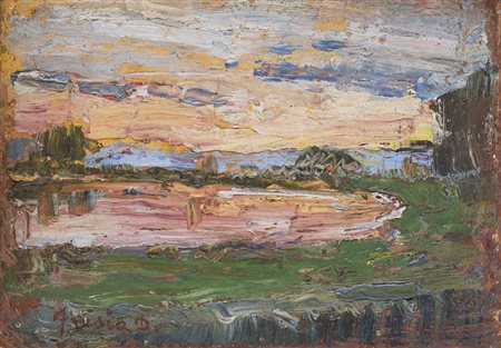 Donato Frisia (Merate 1883 - 1953) "Paesaggio" 1952 olio su cartone (cm...