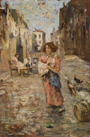 Leonardo Bazzaro (Milano 1853 - 1937) "Calle delle merlettaie" olio su...