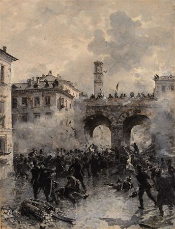 Edoardo Matania (Napoli 1847 - 1929) "Le Cinque giornate di Milano: assalto...