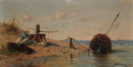 Achille Dovera (Milano 1838 - 1895) "Pittore sulla riva" olio su tavoletta...