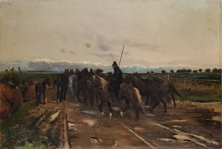 Fortunato Rocchi (Prato 1822 - 1909) "Branco di cavalli" 1894 olio su tela...