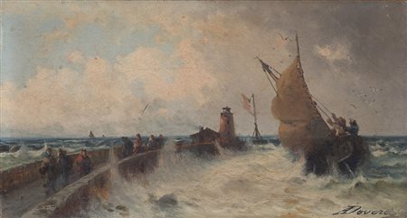 Achille Dovera (Milano 1838 - 1895) "Marina con barca e faro" olio su...