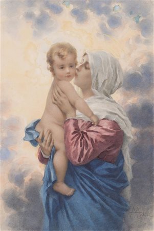 Angelo Achini (Milano 1850 - 1930) "Madonna con Bambino" acquerello (cm...