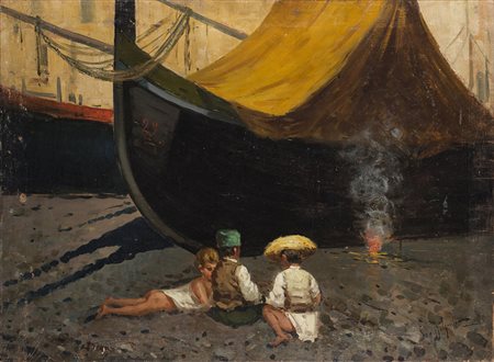 Salvatore Balsamo (Napoli 1894 - 1922) "Bimbi al porto" olio su tela (cm...
